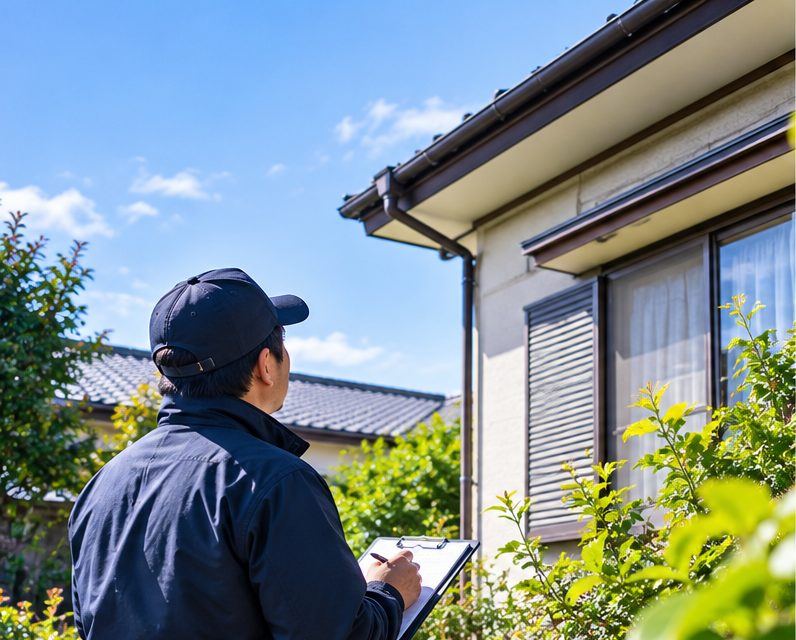 外壁・屋根・窓を目視で確認する巡回スタッフ