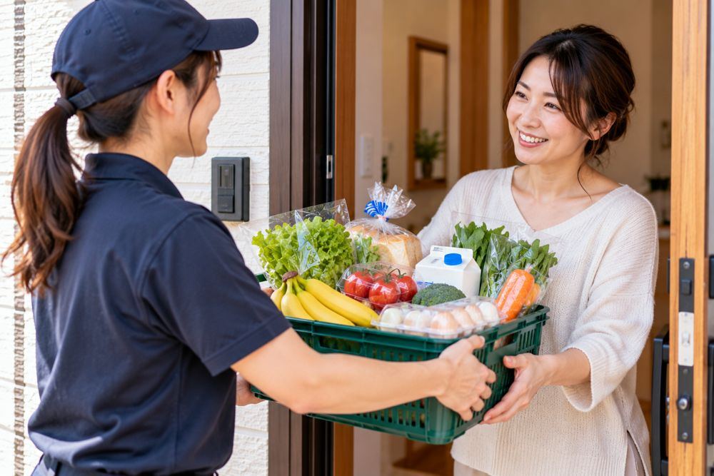買い物代行の品物を玄関先でお渡しする様子