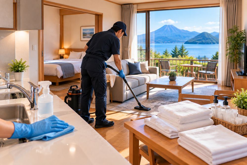客室を掃除機で清掃するスタッフ