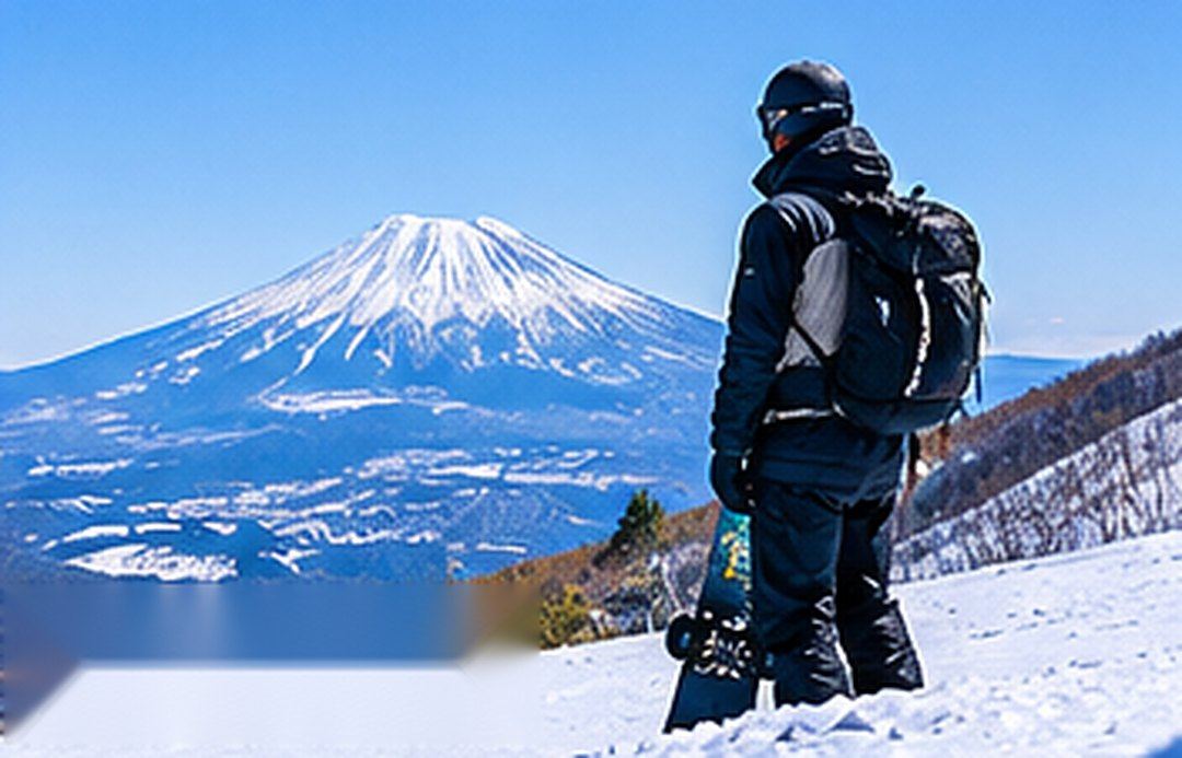 羊蹄山を背景に、スノーボードを持って立つ講師